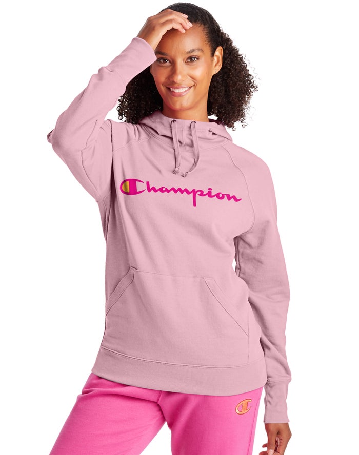 Champion Powerblend Fleece Script Logo Kadın Kapşonlu Sweatshirt Pembe ( GVDTZM760 )